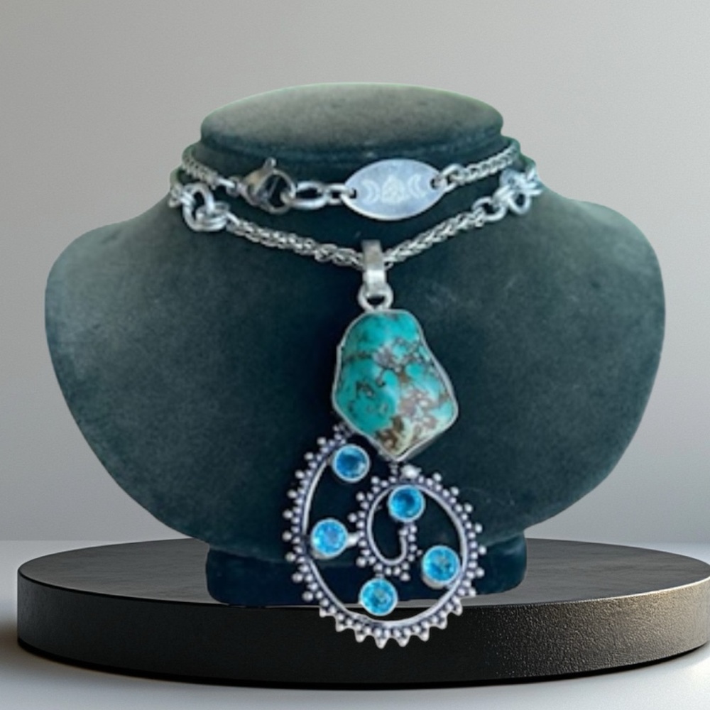 925 Sterling silver overlay natural blue turquoise spiral design necklace - Picture 2 of 10